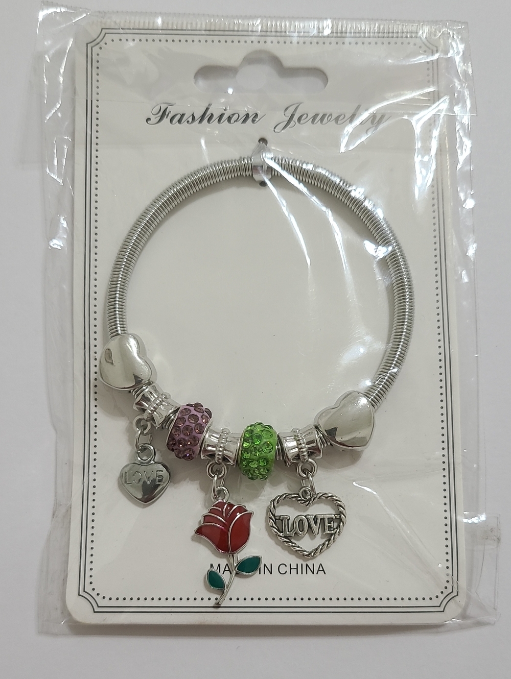 Fashion Jewelry Silver-Tone Bracelet w Purple Green Charms, Rose & Heart Charms